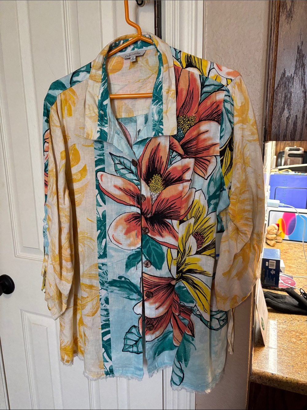Tropical Floral Button-Up LINEN Shirt — Coral, Yellow & Teal